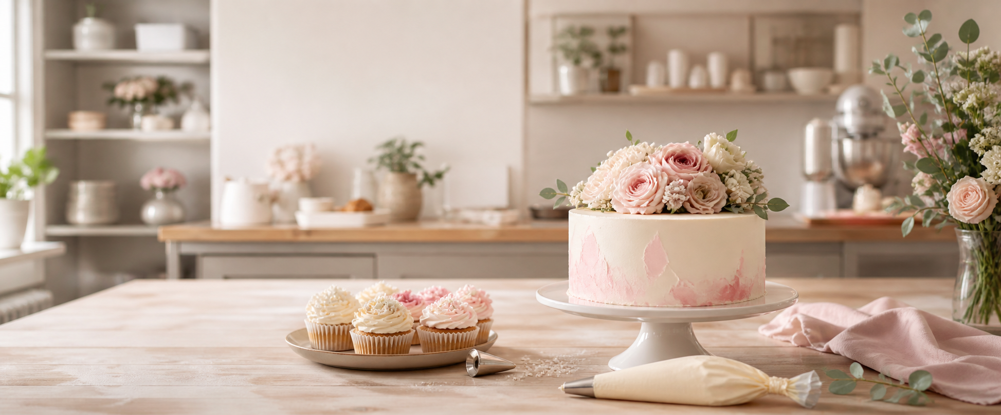 Dekorierte Torte und Cupcakes in einer hellen Backstube